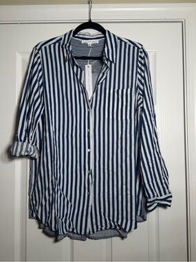 Blue White Stripe Button Up Light Weight Shirt Casual Preppy Pocket Blouse Top